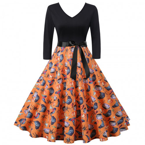 Damen Vintage-inspiriertes Swingkleid mit V-Ausschnitt, Dreiviertelärmeln und voluminösem Tellerrock Drune