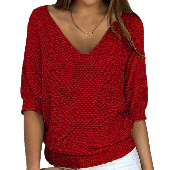 Damen nan lässiger Strickpullover mit V-Ausschnitt und Fledermausärmeln Drune