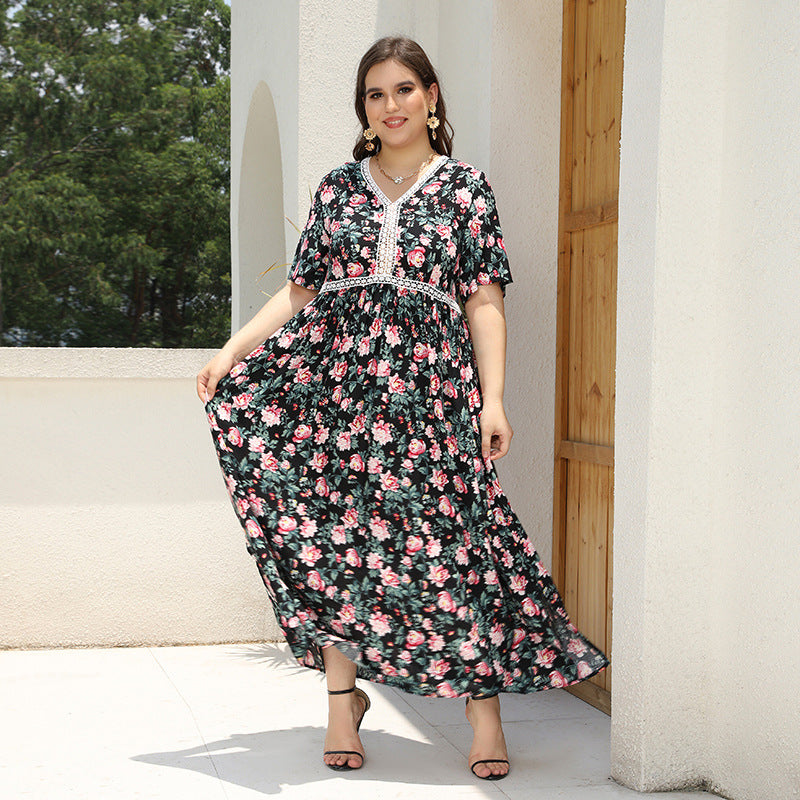 Damen Blumengemustertes Maxikleid mit V-Ausschnitt und gerafftem Design Drune