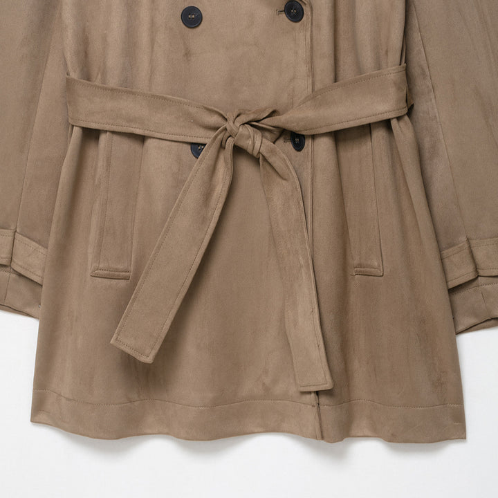 Damen Trenchcoat in Veloursleder-Optik doppeltreihig mit Taillengürtel Drune