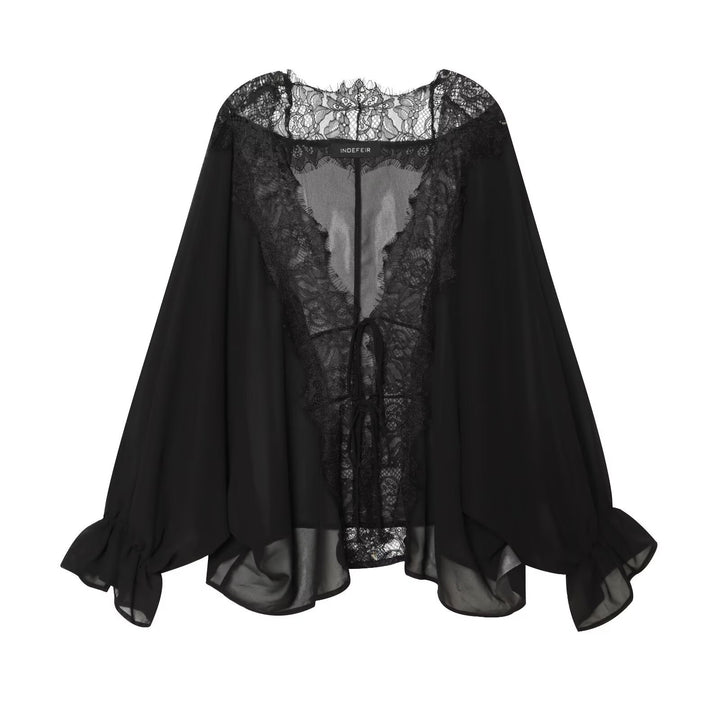 Damen Kaftan-Bluse mit Spitzenkante, Bindeband und Ballonärmeln Drune