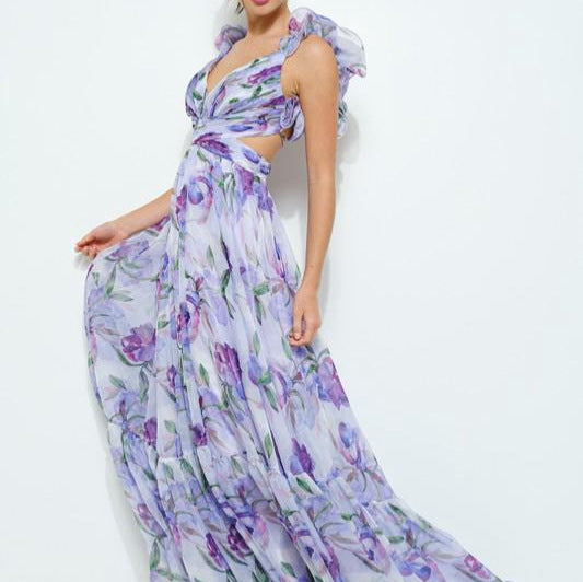 Damen Maxi-Kleid mit floralen Rüschen und schwingendem Design Drune