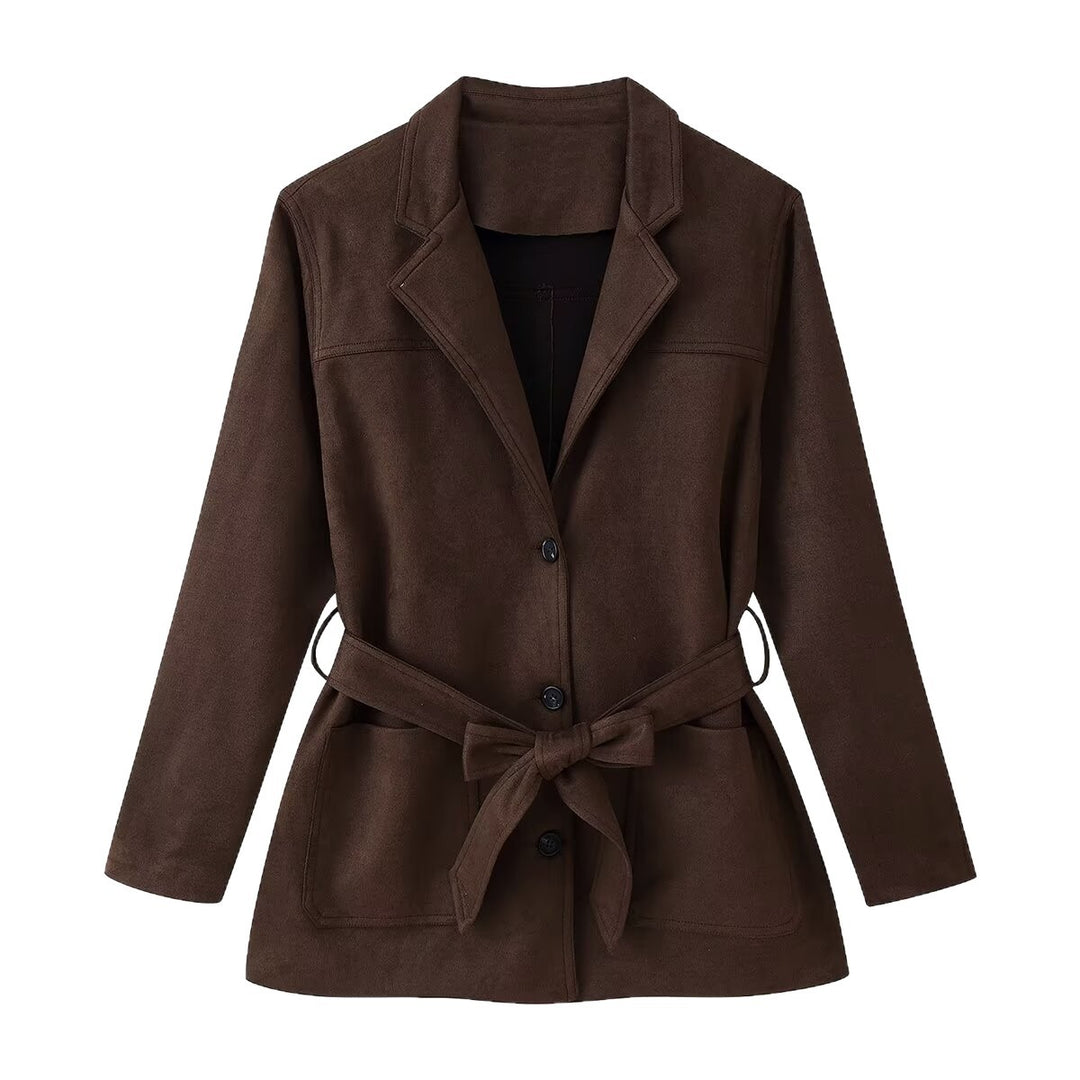 Damen Taillierter Wildlederoptik-Blazer mit Bindegürtel und aufgesetzten Taschen Drune
