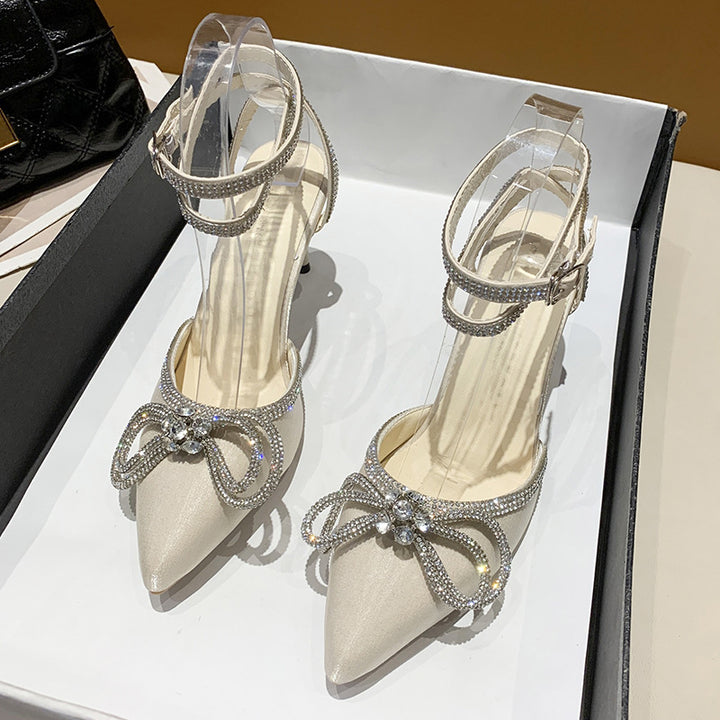 Damen nan spitze Riemchen-Pumps mit funkelnder Strass-Schleifenapplikation und verstellbarem Knöchelriemen Drune