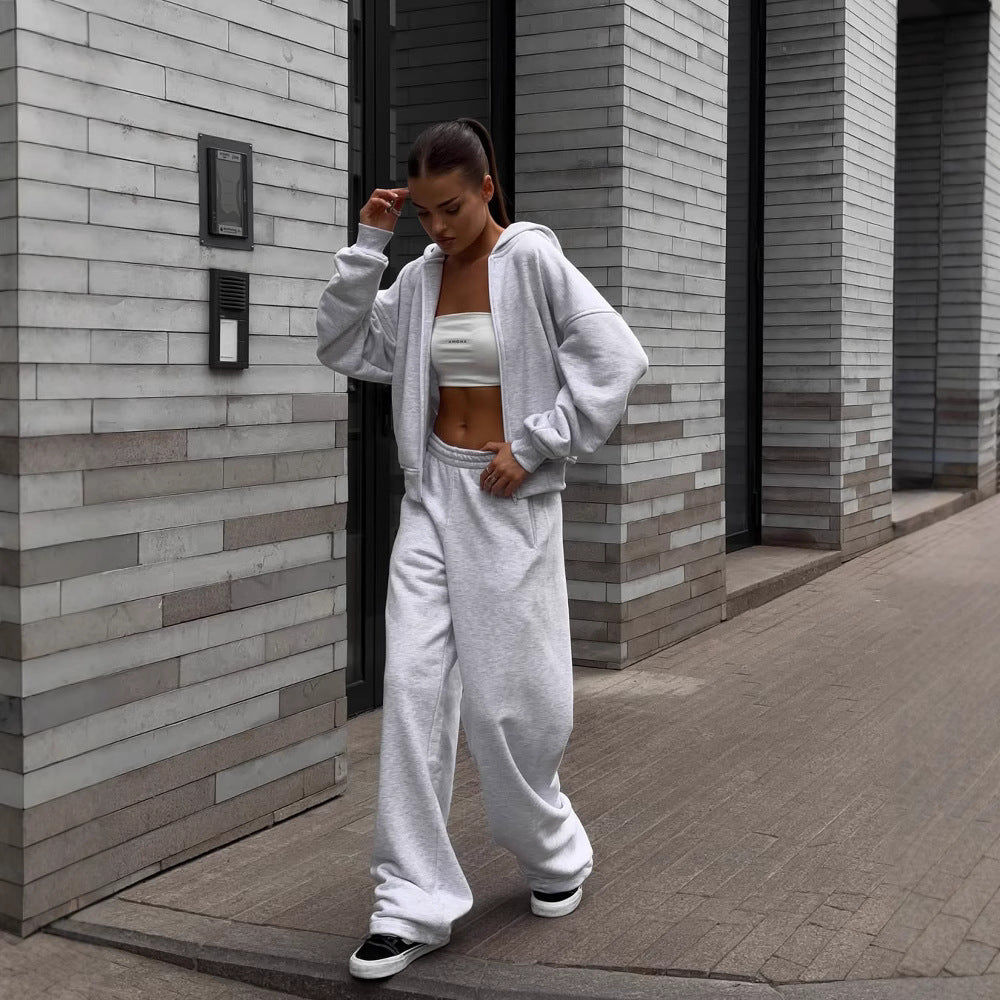 Damen extraweites Relaxed-Fleece-Set mit überlanger Kapuzenzipjacke und fließender Hose mit hohem Bund Drune