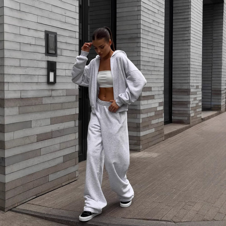Damen extraweites Relaxed-Fleece-Set mit überlanger Kapuzenzipjacke und fließender Hose mit hohem Bund Drune