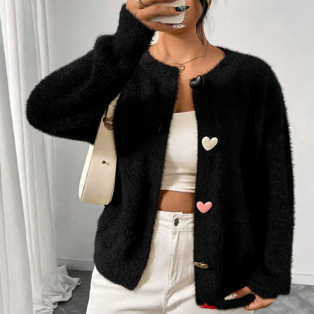 Damen Kuscheliger Flausch-Cardigan mit bunten Herzknöpfen und kastiger Silhouette Drune