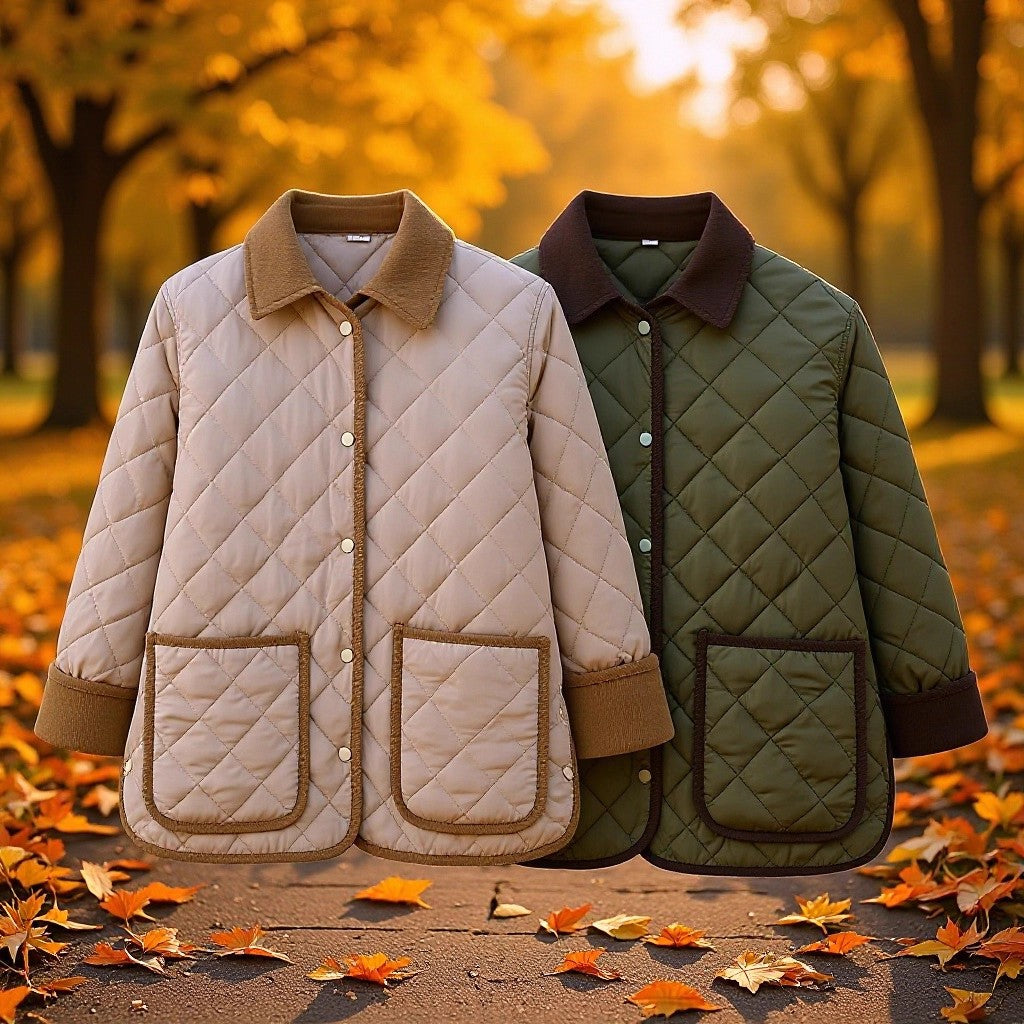 Damen Steppjacke mit Kordkragen, Pattentaschen und Druckknopfverschluss Drune