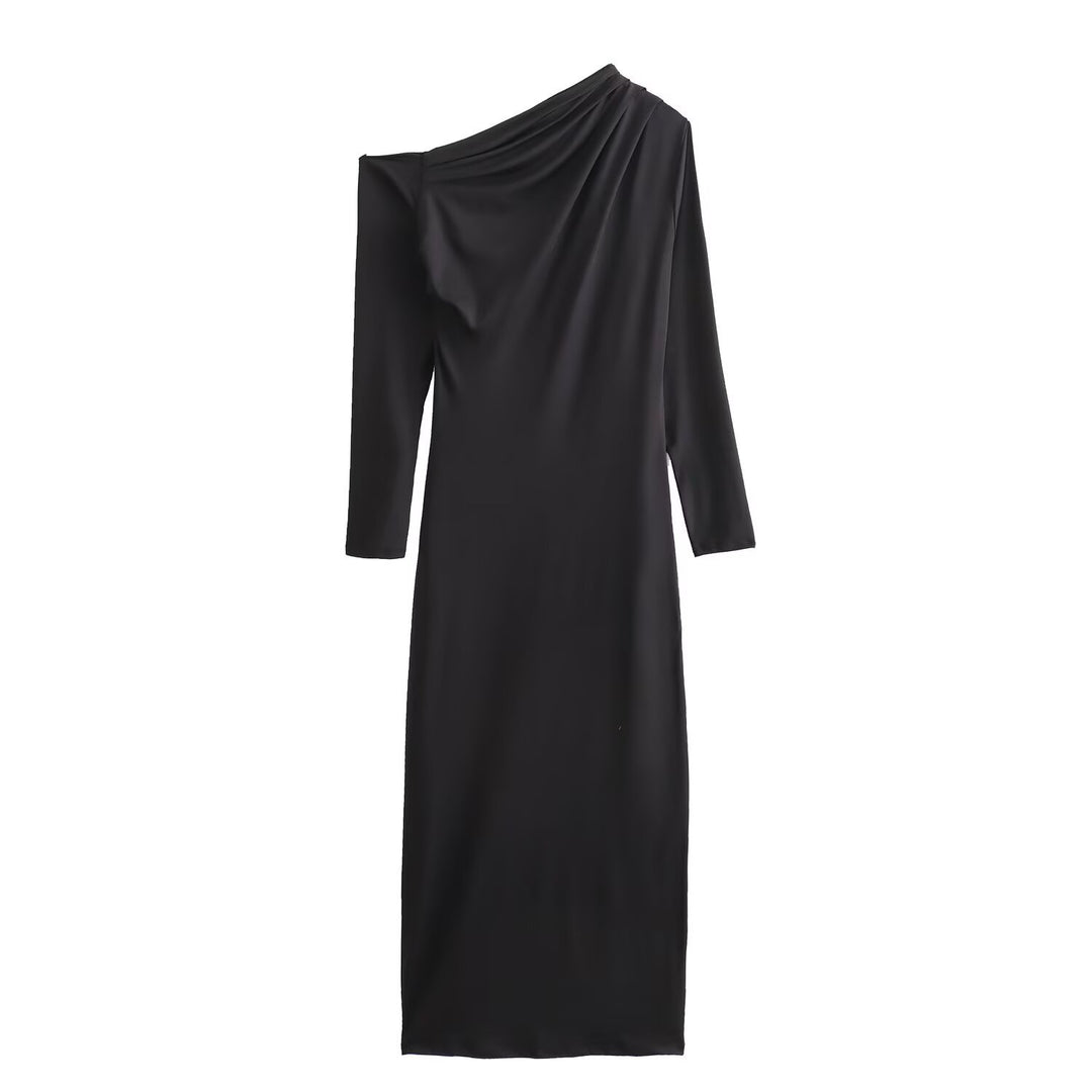 Damen Asymmetrisches One-Shoulder Maxikleid mit langem Ärmel Drune