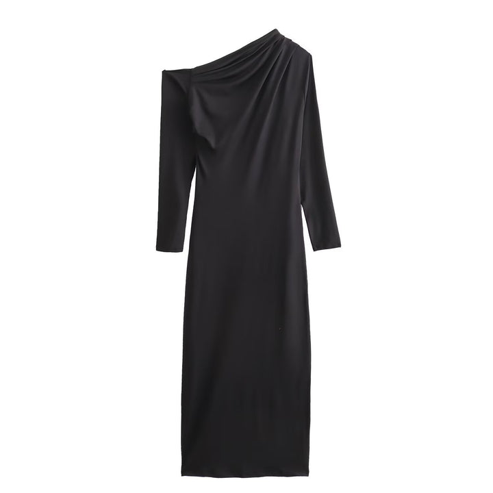 Damen Asymmetrisches One-Shoulder Maxikleid mit langem Ärmel Drune