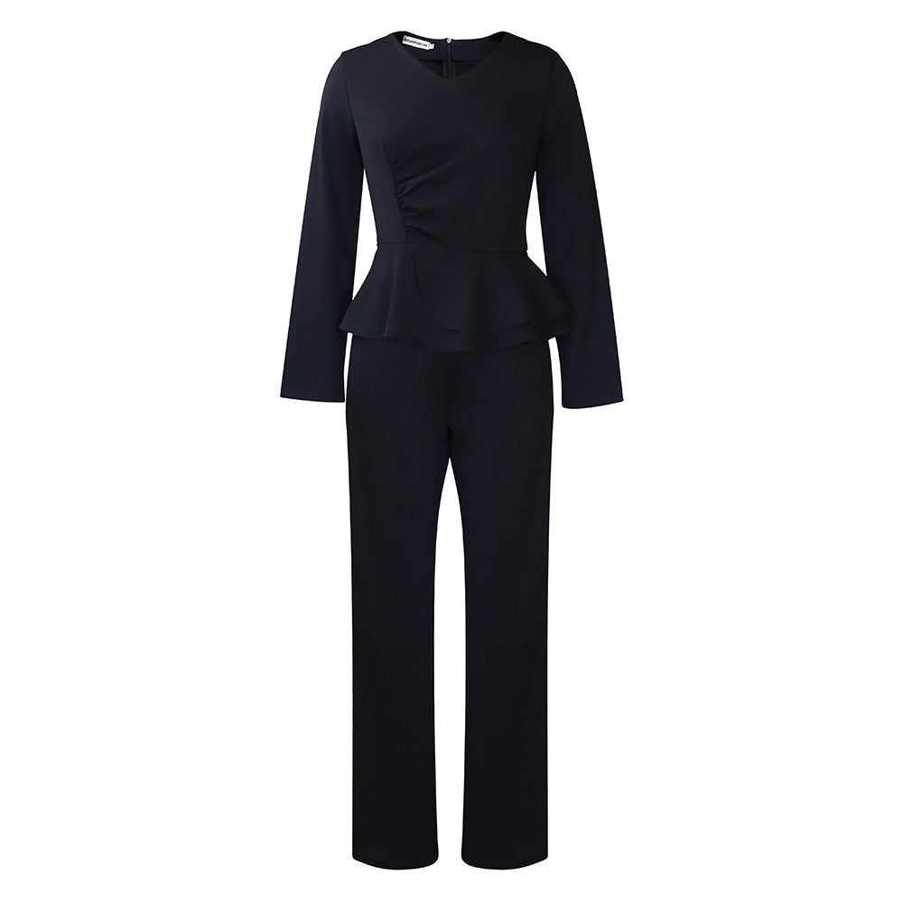 Damen eleganter Jumpsuit mit peplum Schnitt und langen Ärmeln Drune