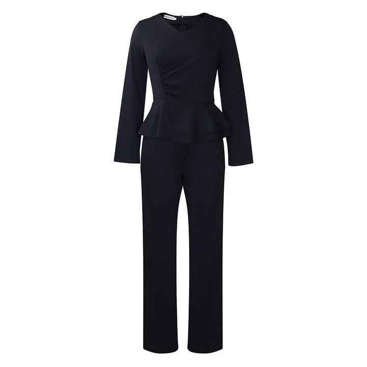 Damen eleganter Jumpsuit mit peplum Schnitt und langen Ärmeln Drune