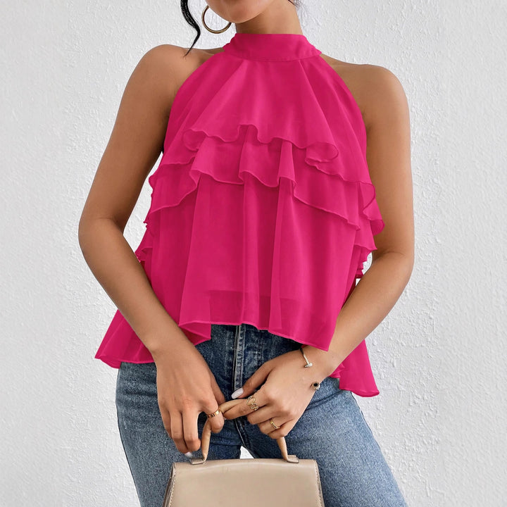 Damen Luftiges Chiffon-Top mit Stehkragen und mehrlagigen Volants Drune