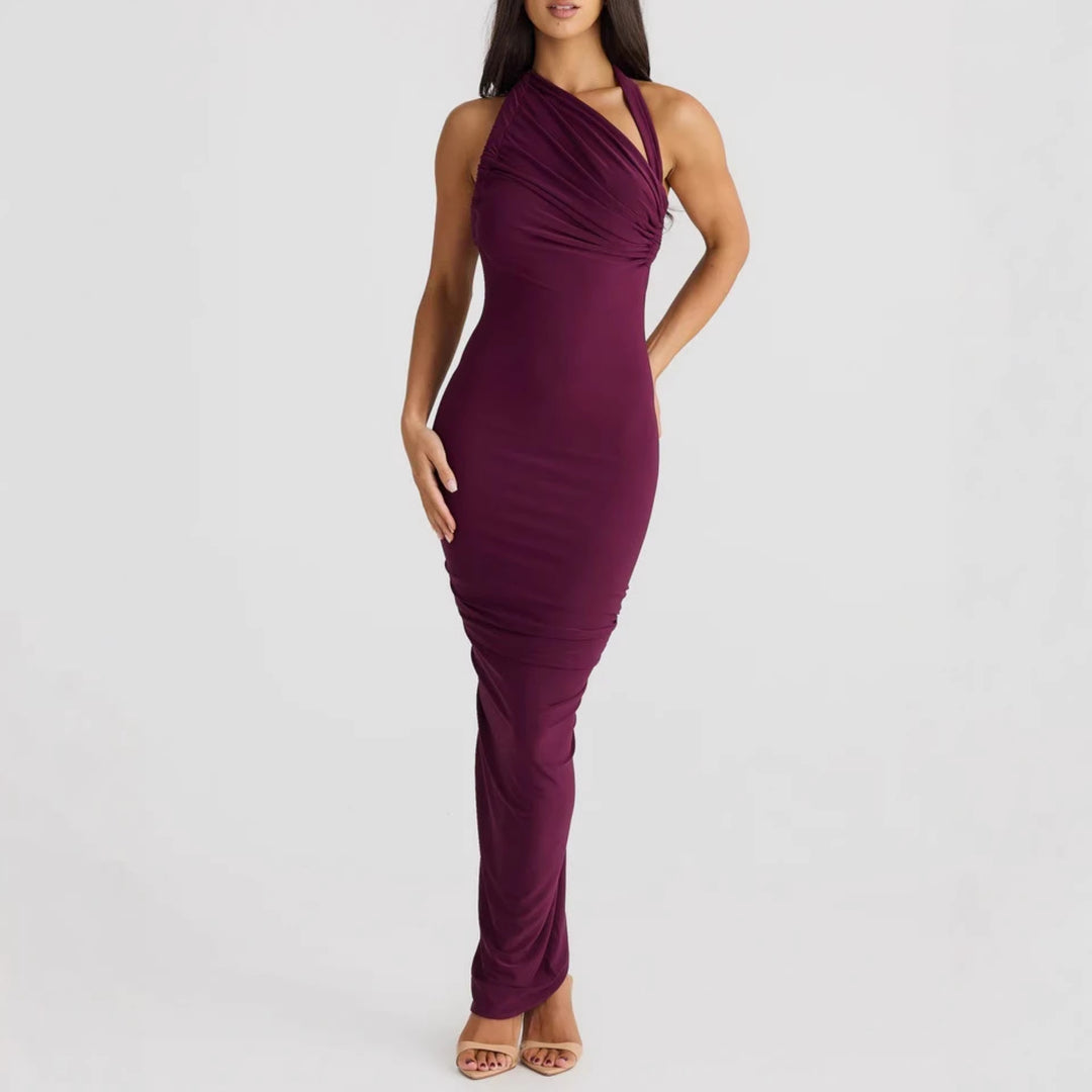 Damen Elegantes langes Wickelkleid mit schulterfreiem Design und gerafftem Oberteil Drune