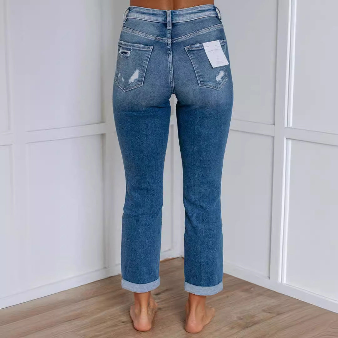 Damen High-Waist Skinny Jeans mit Destroyed-Effekten Drune