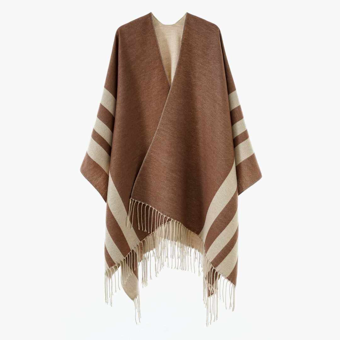 Damen Großer Wollmix Fransenponcho mit diagonalen Kontraststreifen Drune