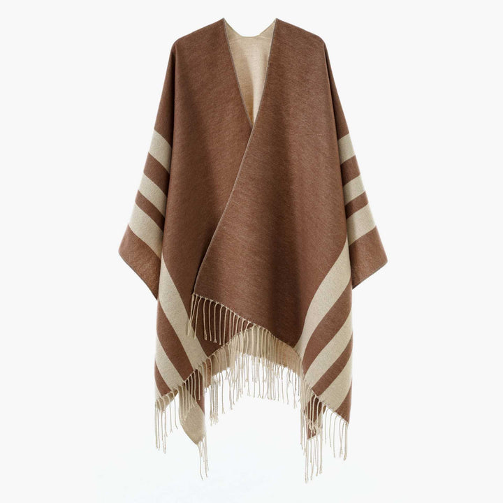Damen Großer Wollmix Fransenponcho mit diagonalen Kontraststreifen Drune