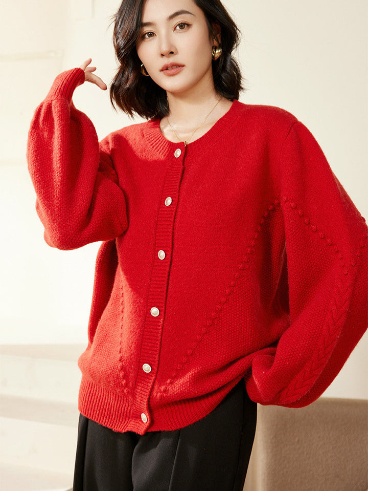 Damen Strickcardigan mit Strukturmuster, Ballonärmeln und Perlmuttknopfleiste Drune