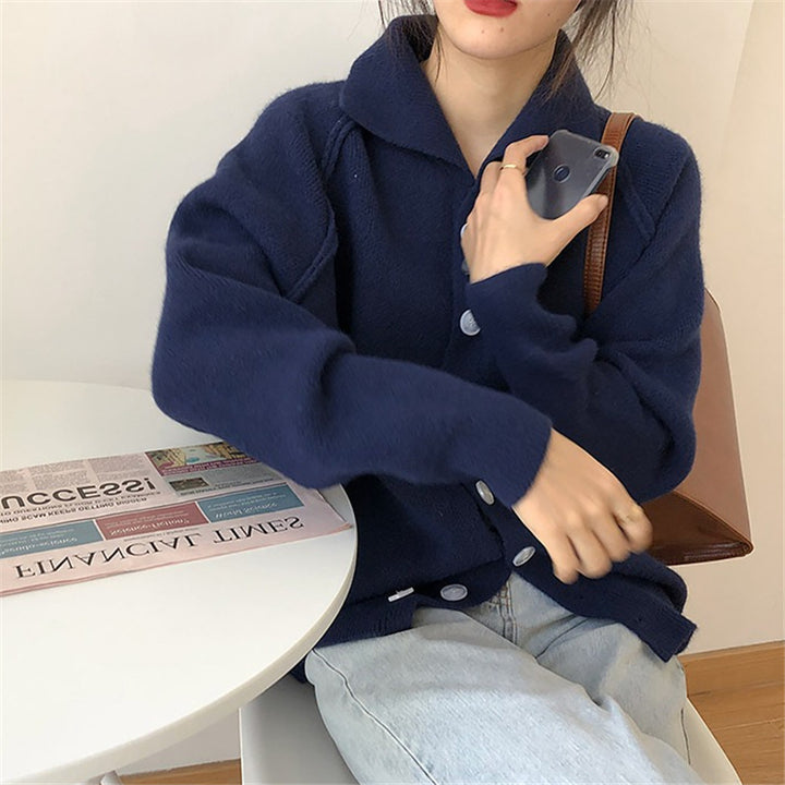 Damen bequemer Strickcardigan mit klassischem Kragen und Knopfverschluss Drune