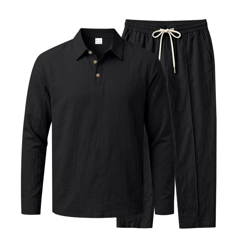 Herren Langarm-Poloshirt und Relaxhose Set aus Leinenoptik mit Tunnelzug Drune