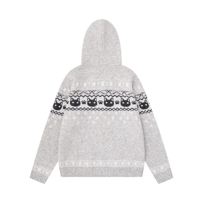 Damen Kapuzen-Strickjacke mit Norwegermuster, zweifachem Reißverschluss und Kängurutaschen Drune