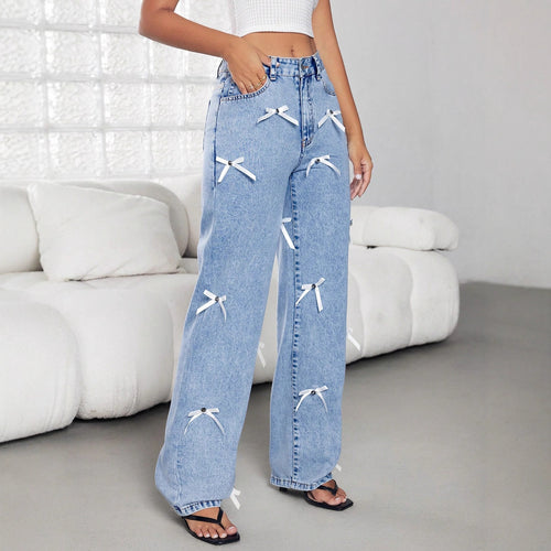 Damen weite Jeans mit dekorativen Schleifen und Knopfdetails Drune