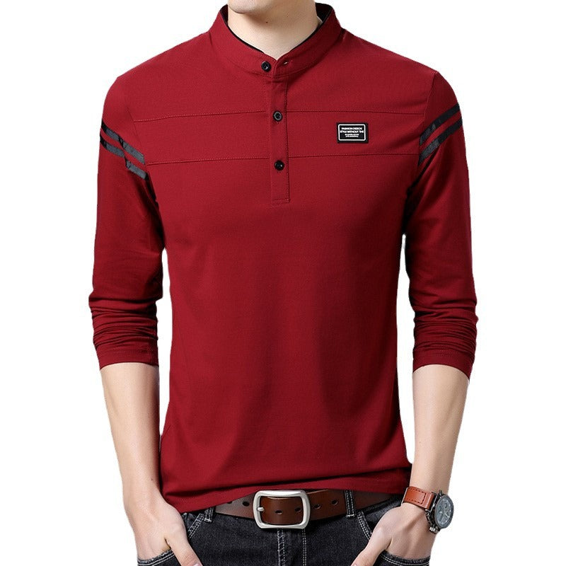 Herren Slim-Fit Langarm-Henley mit Stehkragen und Schulterstreifen Drune