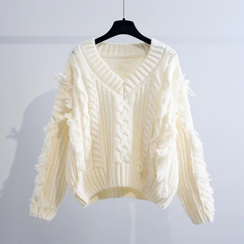 Damen gestrickter Pullover mit auffälligen Fransen und Zopfmuster Drune