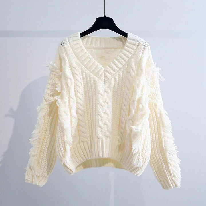 Damen gestrickter Pullover mit auffälligen Fransen und Zopfmuster Drune