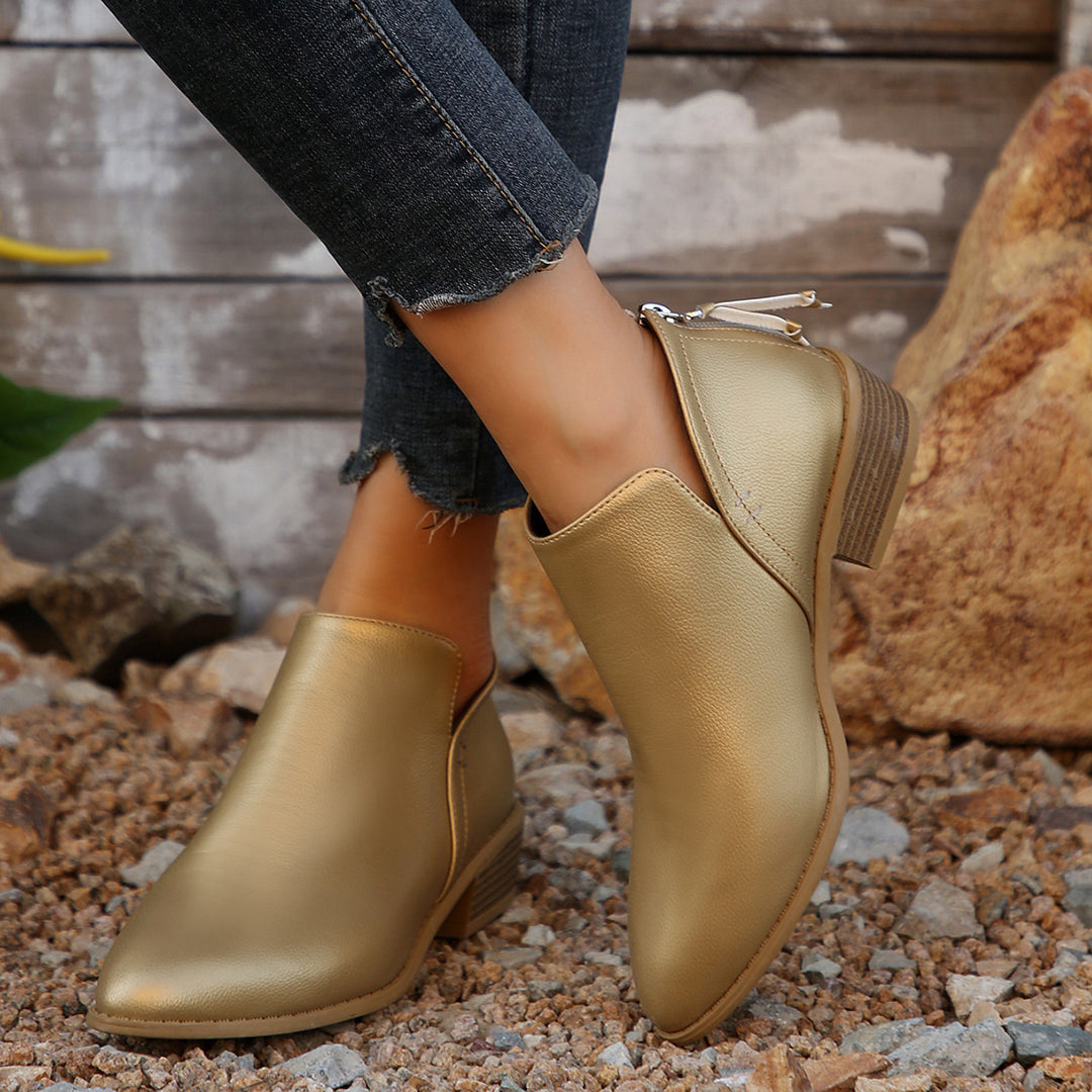 Damen Metallic-Ankleboots mit spitzer Kappe, Rückreißverschluss und niedrigem Blockabsatz Drune