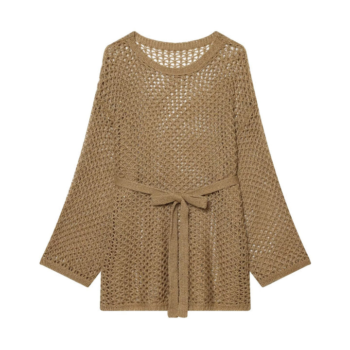 Damen Lockerer Häkelcardigan mit Taillengürtel und 3/4-Ärmeln Drune