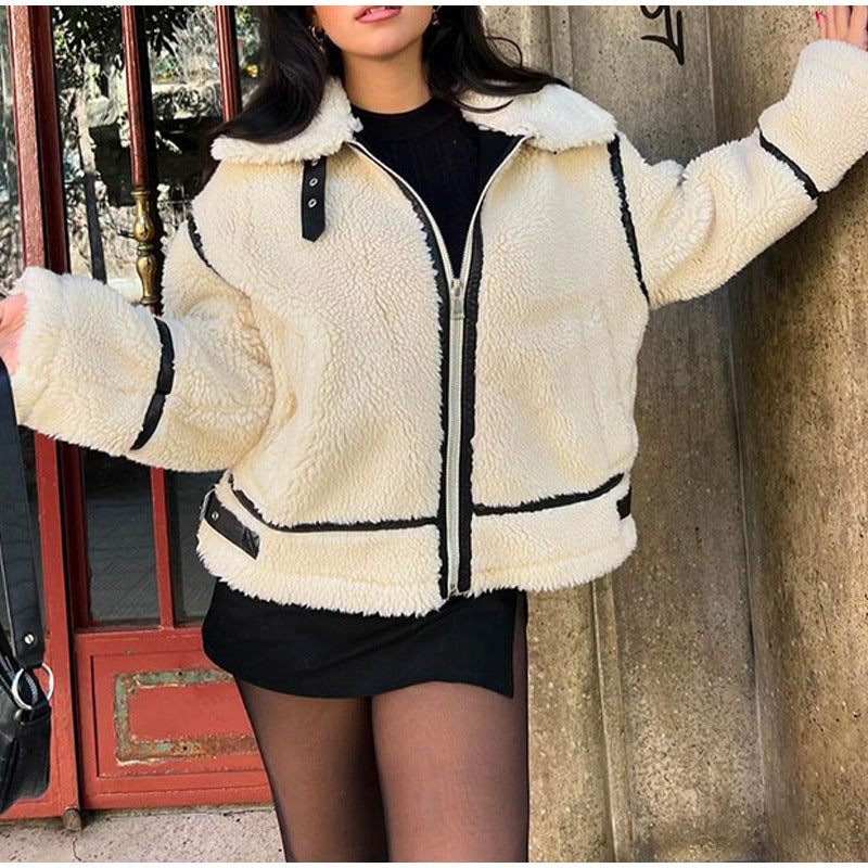 Damen gemütliche Teddy-Fleecejacke mit schickem Kragen Drune