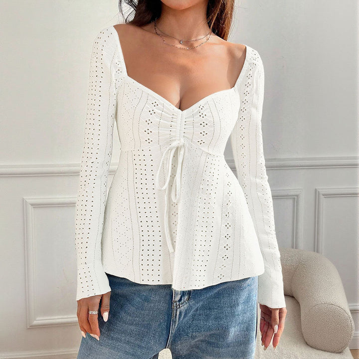 Damen besticktes Broderie-Anglaise Langarm-Top mit Raffung, V‑Ausschnitt‑Effekt und tailliertem Schößchen Drune