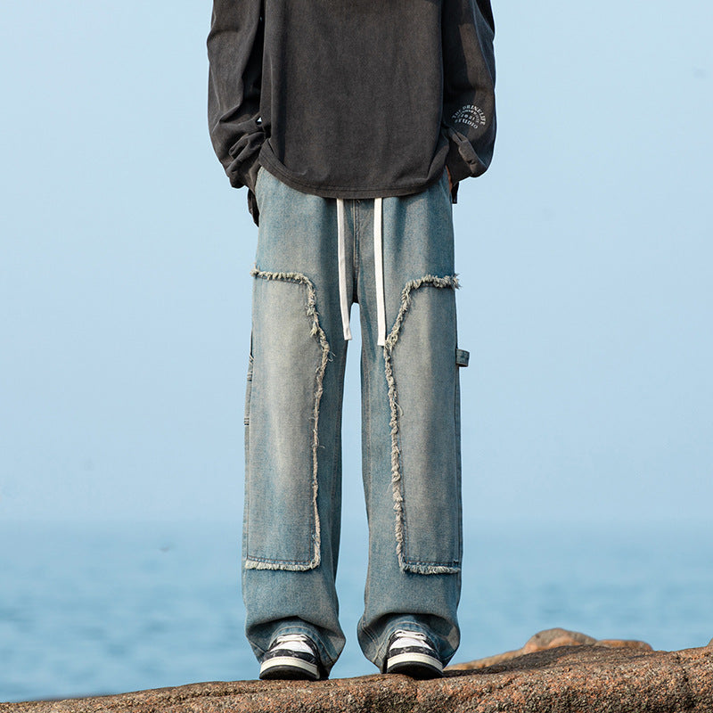 Herren Weite Denim-Cargohose mit Fransen-Patchtaschen und Tunnelzugbund Drune
