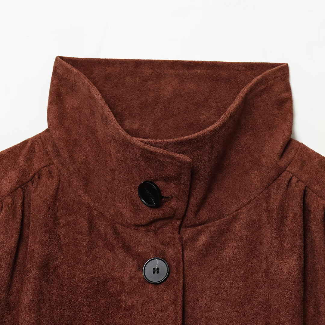 Damen Kurzjacke aus Velourslederimitat mit Stehkragen, gerafften Balloonärmeln und Knopfleiste Drune