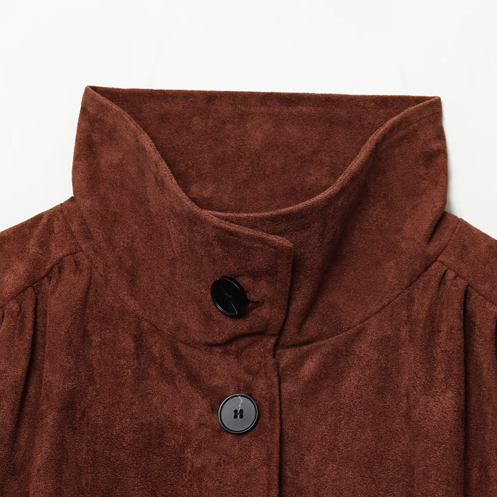 Damen Kurzjacke aus Velourslederimitat mit Stehkragen, gerafften Balloonärmeln und Knopfleiste Drune