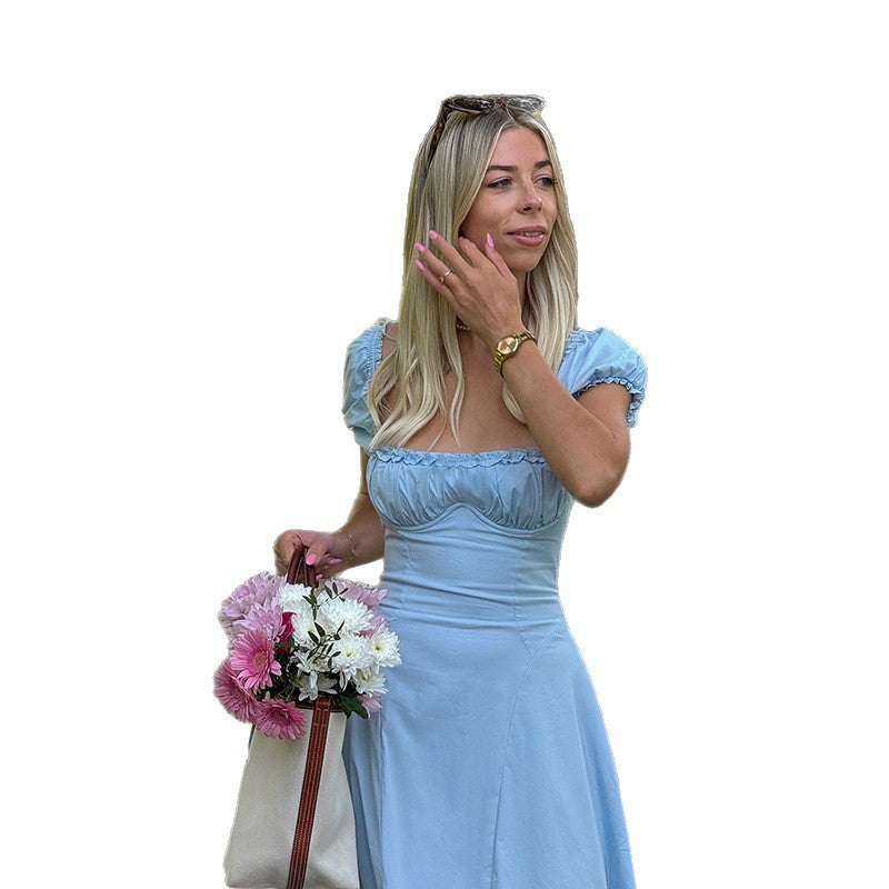 Damen Maxi-Kleid mit voluminösen Puffärmeln und elastischem Ausschnitt Drune