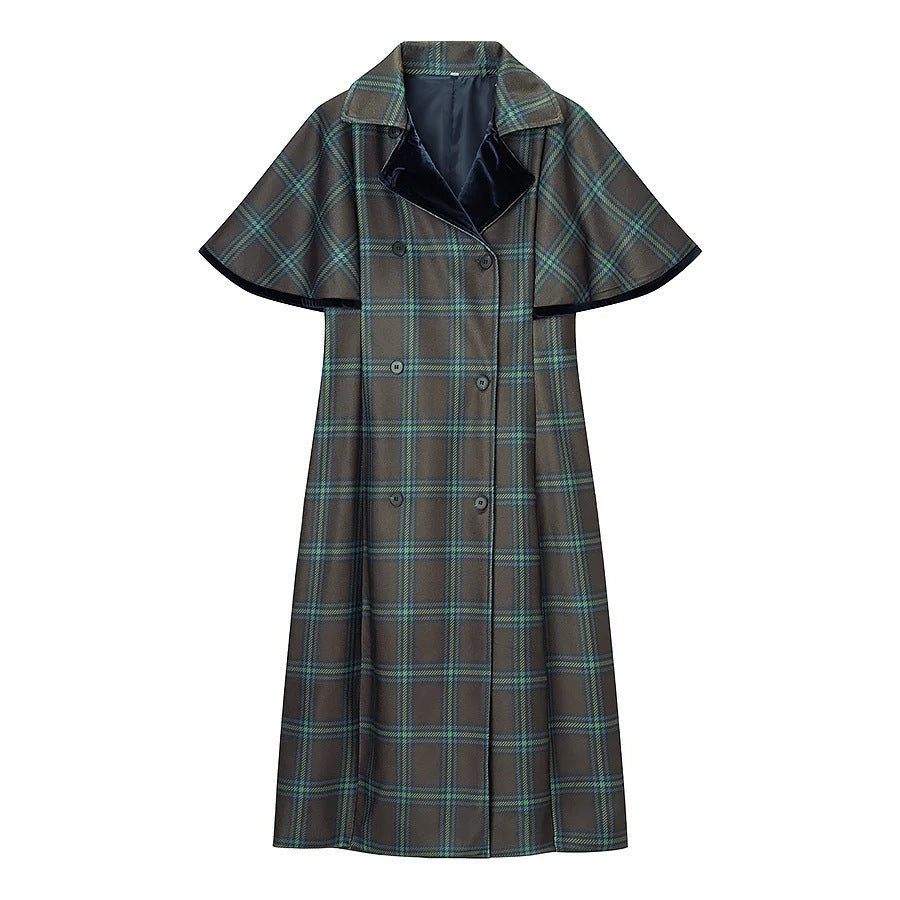 Damen nan langer karierter Cape‑Mantel mit doppellagiger Umhangschulter und Samtkragen Drune