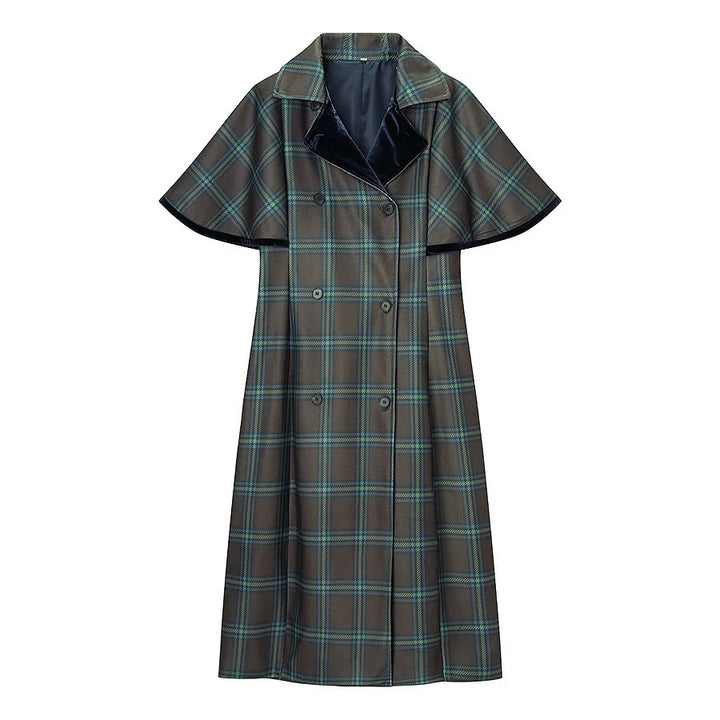 Damen nan langer karierter Cape‑Mantel mit doppellagiger Umhangschulter und Samtkragen Drune