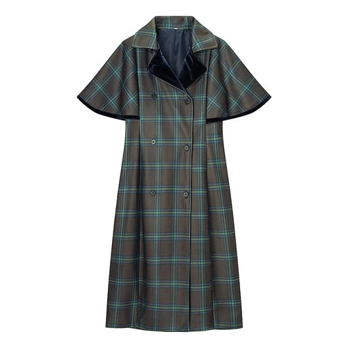 Damen nan langer karierter Cape‑Mantel mit doppellagiger Umhangschulter und Samtkragen Drune