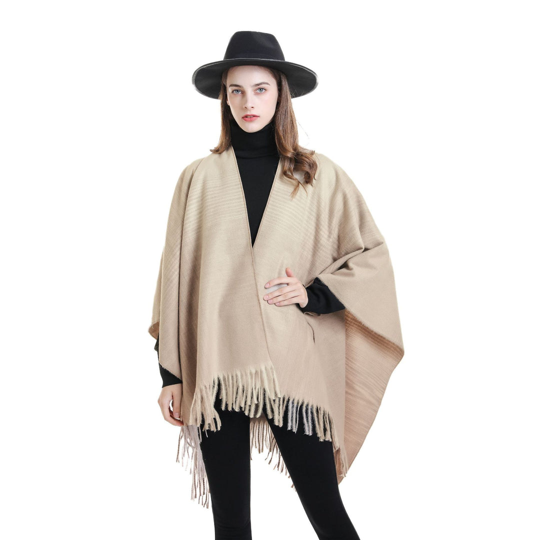Damen Fransen‑Cape aus Wollmix mit offenem Fall und reversiblem Jacquard Drune