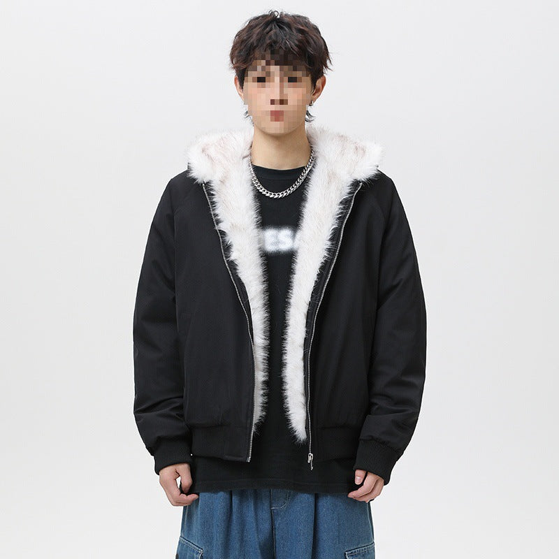 Herren Wattierte Kapuzen‑Bomberjacke im Oversize‑Look mit kontrastierendem Kunstfellfutter Drune