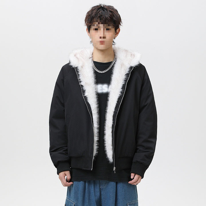 Herren Wattierte Kapuzen‑Bomberjacke im Oversize‑Look mit kontrastierendem Kunstfellfutter Drune