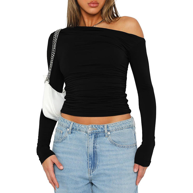 Damen figurbetontes Langarmshirt mit asymmetrischem Ausschnitt und Raffungen Drune