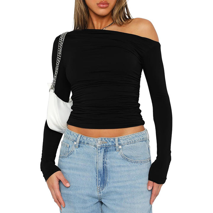 Damen figurbetontes Langarmshirt mit asymmetrischem Ausschnitt und Raffungen Drune
