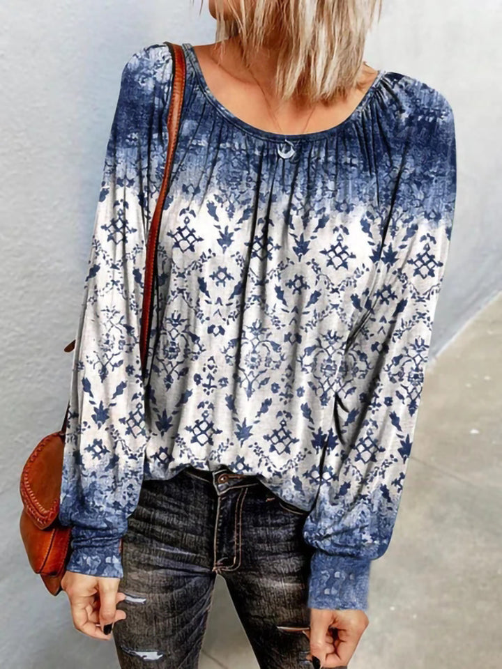 Damen Ethno-Print Oversize-Tunika mit Rundhalsausschnitt und langen Ballonärmeln Drune