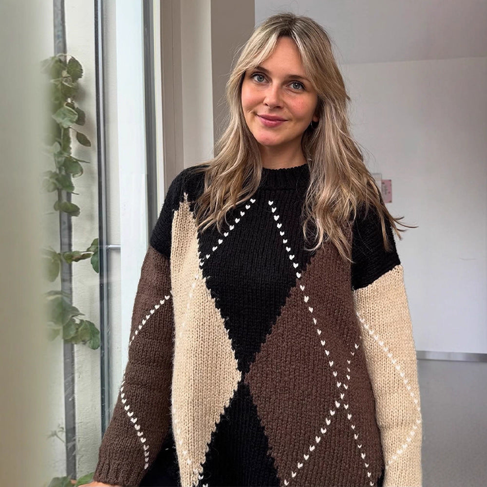 Damen Grobgestrickter Oversize-Pullover mit Rautenstrickmuster Drune