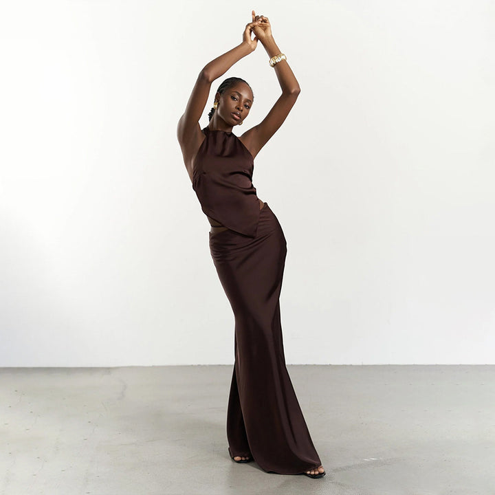 Damen Elegantes Maxikleid mit schulterfreiem Design und seidigem Finish Drune