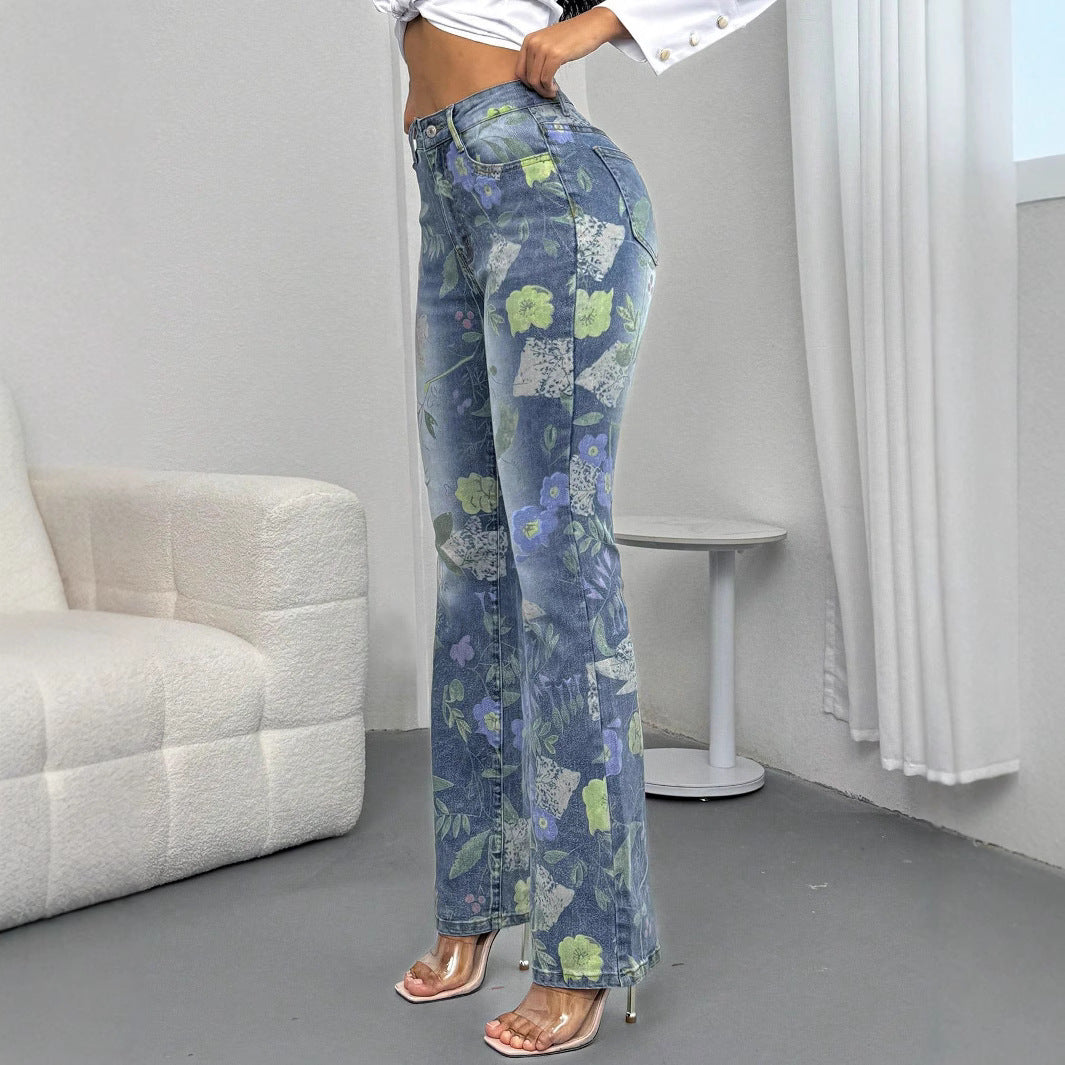 Damen Hochtaillierte Floral-Print Denim-Jeans im leichten Flared‑Straight Schnitt Drune