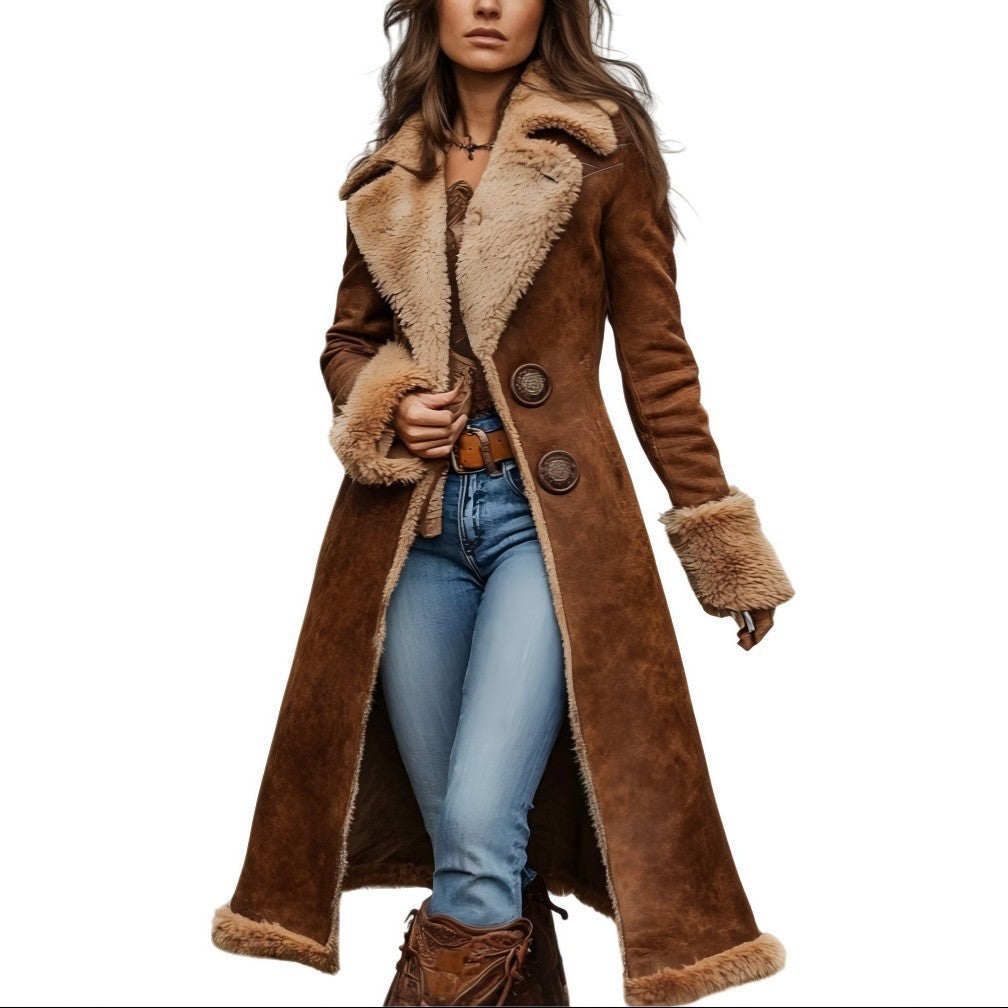 Damen Lang geschnittener Velours-Shearling-Mantel mit Teddybesatz und taillierter Silhouette Drune